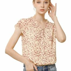 Allegra K Women's Floral Printed Ruffles Cap Sleeve Chiffon Blouse Top