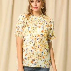 Allegra K Women's Floral Ruffled Short Sleeve Tops Ruffle Neck Casual Blouses 76 Allegra K Women's Floral Ruffled Short Sleeve Tops Ruffle Neck Casual Blouses