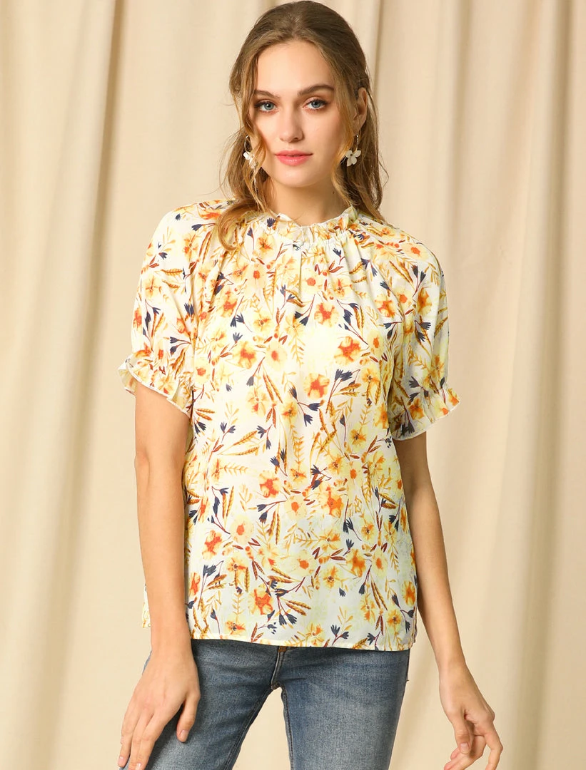 Allegra K Women's Floral Ruffled Short Sleeve Tops Ruffle Neck Casual Blouses 35 Allegra K Women's Floral Ruffled Short Sleeve Tops Ruffle Neck Casual Blouses