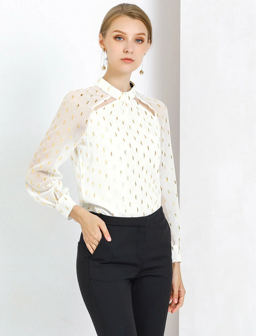 Allegra K Cut Out Long Sleeve Chiffon Blouses With Stand Collar In Metallic Dots Women 12 Allegra K Cut Out Long Sleeve Chiffon Blouses With Stand Collar In Metallic Dots Women