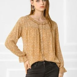 Allegra K Women's Chiffon Button Down Shirt Ditsy Floral Printed Ruffle Neck Long Sleeve Ruffle Cuff Top Blouse