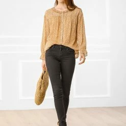 Allegra K Women's Chiffon Button Down Shirt Ditsy Floral Printed Ruffle Neck Long Sleeve Ruffle Cuff Top Blouse