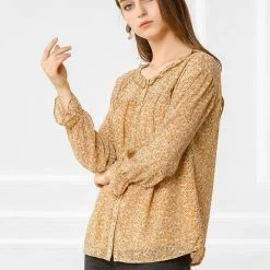 Allegra K Women's Chiffon Button Down Shirt Ditsy Floral Printed Ruffle Neck Long Sleeve Ruffle Cuff Top Blouse