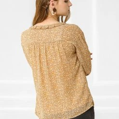 Allegra K Women's Chiffon Button Down Shirt Ditsy Floral Printed Ruffle Neck Long Sleeve Ruffle Cuff Top Blouse