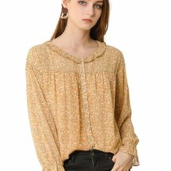 Allegra K Women's Chiffon Button Down Shirt Ditsy Floral Printed Ruffle Neck Long Sleeve Ruffle Cuff Top Blouse