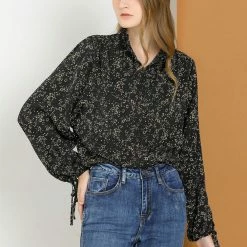 Allegra K Women's Loose Ruffle Neck Button Up Floral Blouse