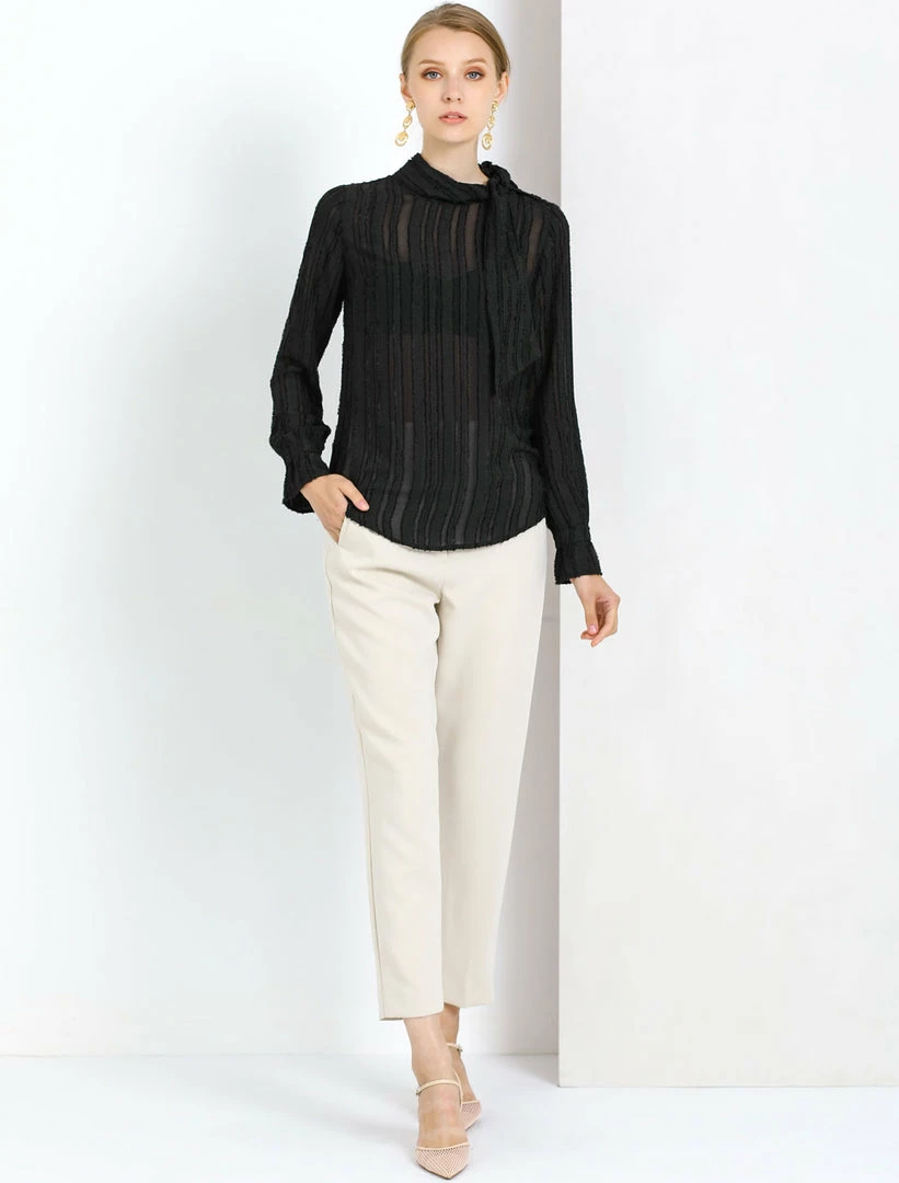 Allegra K Women's Tie Neck Long Sleeve Textured Chiffon Blouse Top 6 Allegra K Women's Tie Neck Long Sleeve Textured Chiffon Blouse Top