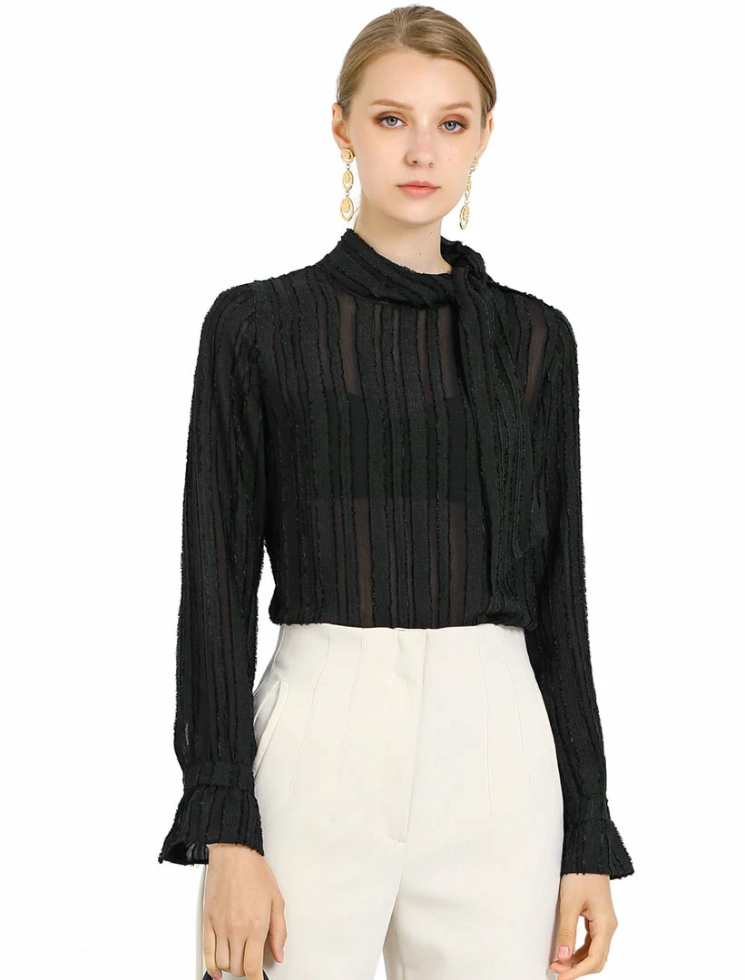 Allegra K Women's Tie Neck Long Sleeve Textured Chiffon Blouse Top 3 Allegra K Women's Tie Neck Long Sleeve Textured Chiffon Blouse Top