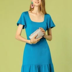 Allegra K Women's Square Neck Flutter Sleeve Ruffle Hem Dress