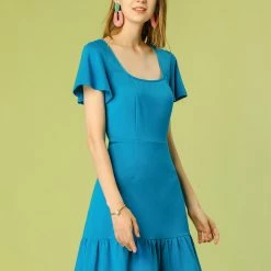 Allegra K Women's Square Neck Flutter Sleeve Ruffle Hem Dress