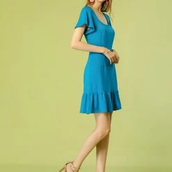 Allegra K Women's Square Neck Flutter Sleeve Ruffle Hem Dress