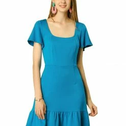 Allegra K Women's Square Neck Flutter Sleeve Ruffle Hem Dress