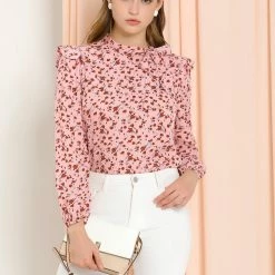 Allegra K Women's Side Bow Tie Neck Long Sleeve Ruffled Floral Blouse 34 Allegra K Women's Side Bow Tie Neck Long Sleeve Ruffled Floral Blouse