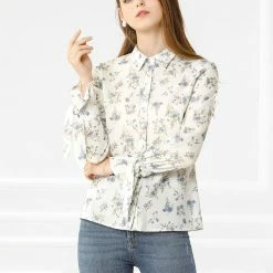 Allegra K Women's Floral Point Collar Button Down Office Shirt Blouse