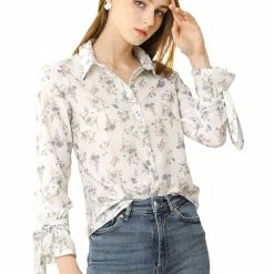 Allegra K Women's Floral Point Collar Button Down Office Shirt Blouse