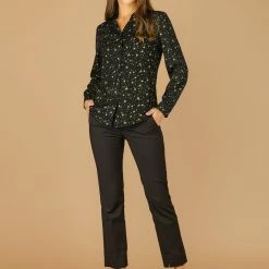 Allegra K Women's Stand Collar Long Sleeve Metallic Dots Stars Blouse Top