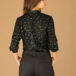 Allegra K Women's Stand Collar Long Sleeve Metallic Dots Stars Blouse Top