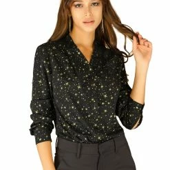 Allegra K Women's Stand Collar Long Sleeve Metallic Dots Stars Blouse Top