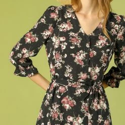 Allegra K Women's Floral Belted V Neck Half Placket Smocked Ruffle Cuff Dress 26 Allegra K Women's Floral Belted V Neck Half Placket Smocked Ruffle Cuff Dress