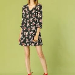 Allegra K Women's Floral Belted V Neck Half Placket Smocked Ruffle Cuff Dress 28 Allegra K Women's Floral Belted V Neck Half Placket Smocked Ruffle Cuff Dress