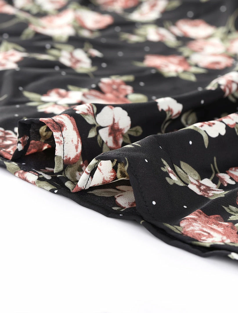 Allegra K Women's Floral Belted V Neck Half Placket Smocked Ruffle Cuff Dress 16 Allegra K Women's Floral Belted V Neck Half Placket Smocked Ruffle Cuff Dress