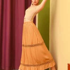 Allegra K Women's Lace Insert Vintage Swing A-Line Maxi Skirt With Elastic Waist