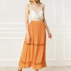 Allegra K Women's Lace Insert Vintage Swing A-Line Maxi Skirt With Elastic Waist