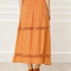 Allegra K Women's Lace Insert Vintage Swing A-Line Maxi Skirt With Elastic Waist