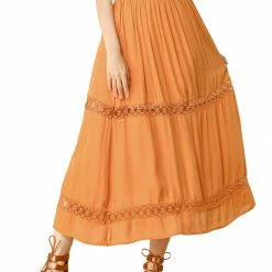 Allegra K Women's Lace Insert Vintage Swing A-Line Maxi Skirt With Elastic Waist
