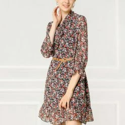 Allegra K Women's Floral Print Ruffle Hem Bell Sleeve Chiffon Loose Shift Dress