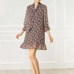 Allegra K Women's Floral Print Ruffle Hem Bell Sleeve Chiffon Loose Shift Dress