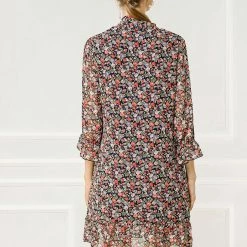 Allegra K Women's Floral Print Ruffle Hem Bell Sleeve Chiffon Loose Shift Dress