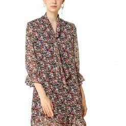 Allegra K Women's Floral Print Ruffle Hem Bell Sleeve Chiffon Loose Shift Dress