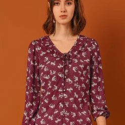 Allegra K Women's Vintage Floral Tie V Neck Ruffle Fall Blouse Top