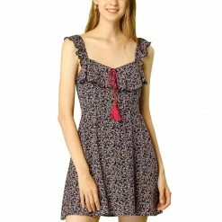 Allegra K Women's Summer Floral Printed Tassels Tie Neck A-Line Ruffle Spaghetti Strap Mini Dress