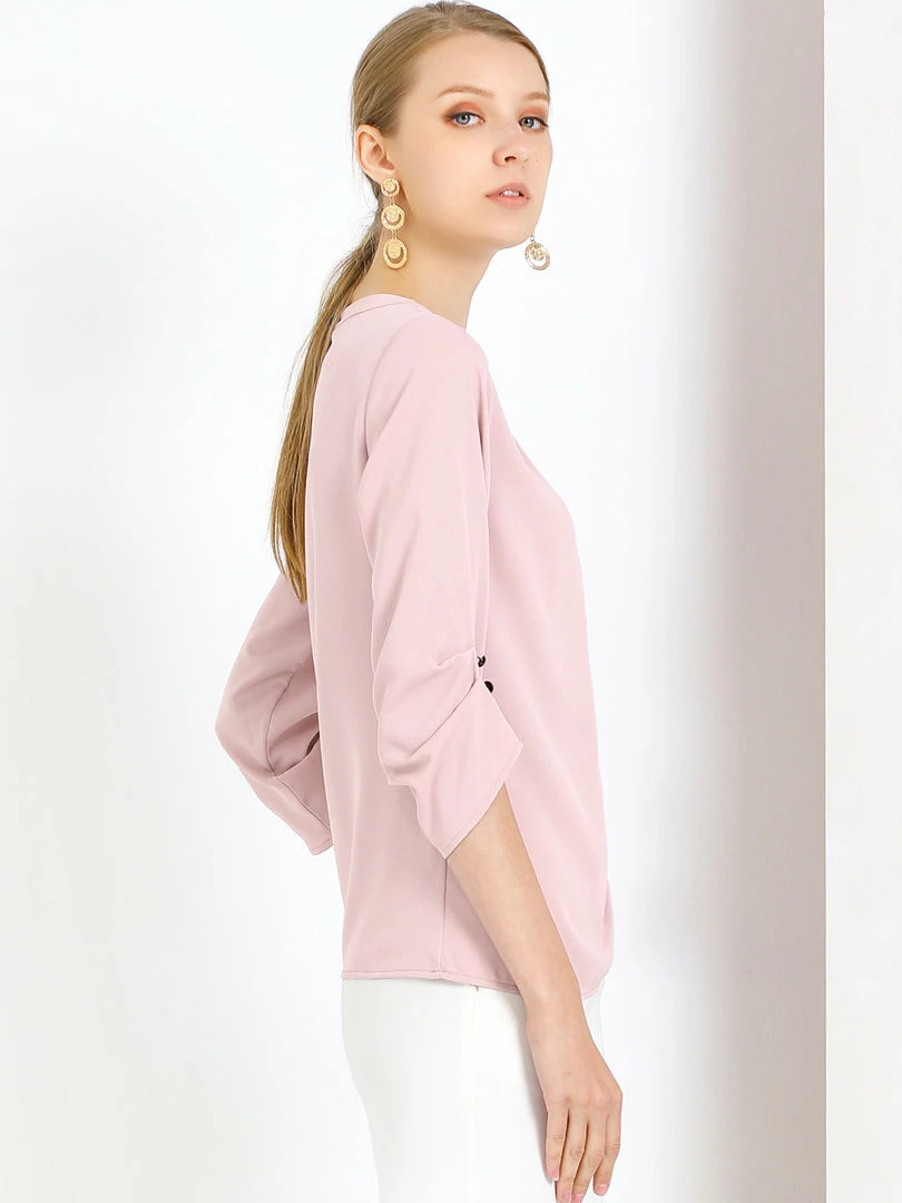 Allegra K Women's Round Neck Keyhole Pleated Shirred 3/4 Sleeve Work Top 12 Allegra K Women's Round Neck Keyhole Pleated Shirred 3/4 Sleeve Work Top