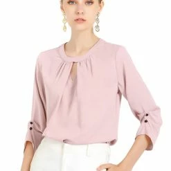 Allegra K Women's Round Neck Keyhole Pleated Shirred 3/4 Sleeve Work Top 32 Allegra K Women's Round Neck Keyhole Pleated Shirred 3/4 Sleeve Work Top