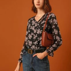 Allegra K Women's Floral Bow Tie Neck Long Sleeve Choker Chiffon Blouse Top 22 Allegra K Women's Floral Bow Tie Neck Long Sleeve Choker Chiffon Blouse Top