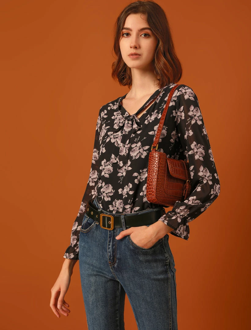 Allegra K Women's Floral Bow Tie Neck Long Sleeve Choker Chiffon Blouse Top 11 Allegra K Women's Floral Bow Tie Neck Long Sleeve Choker Chiffon Blouse Top