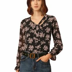 Allegra K Women's Floral Bow Tie Neck Long Sleeve Choker Chiffon Blouse Top 20 Allegra K Women's Floral Bow Tie Neck Long Sleeve Choker Chiffon Blouse Top