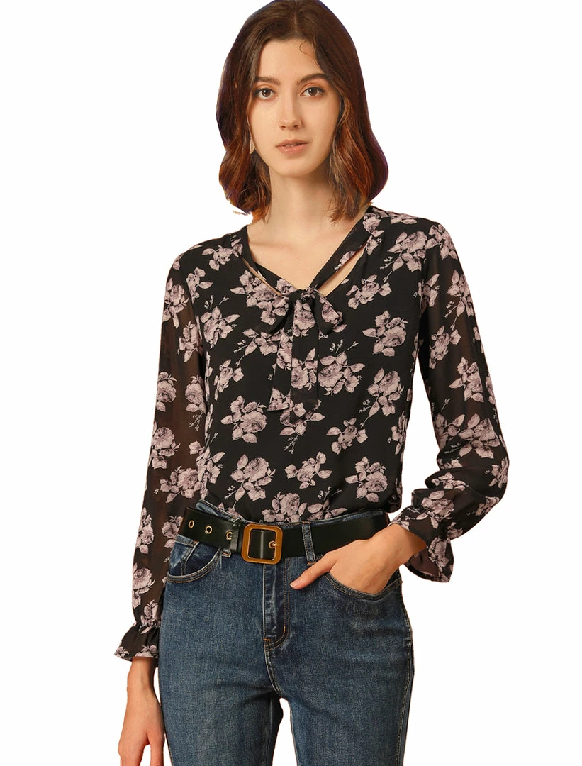 Allegra K Women's Floral Bow Tie Neck Long Sleeve Choker Chiffon Blouse Top 9 Allegra K Women's Floral Bow Tie Neck Long Sleeve Choker Chiffon Blouse Top