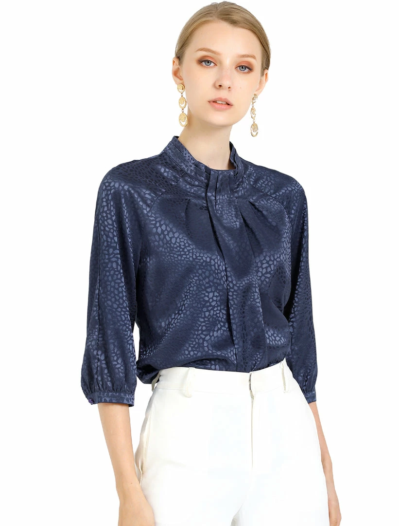 Allegra K Women's Elegant Satin 3/4 Sleeve Blouse Pleated High Collar Work Top 9 Allegra K Women's Elegant Satin 3/4 Sleeve Blouse Pleated High Collar Work Top