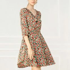 Allegra K Women's Ruffle Neck Drop Waist Bow Tie Loose Flowy Floral Dress