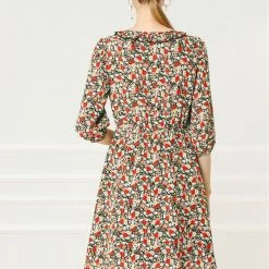 Allegra K Women's Ruffle Neck Drop Waist Bow Tie Loose Flowy Floral Dress