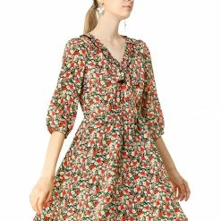 Allegra K Women's Ruffle Neck Drop Waist Bow Tie Loose Flowy Floral Dress