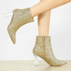 Allegra K Women's Clear Block Heel Glitter Ankle Boots Shoes