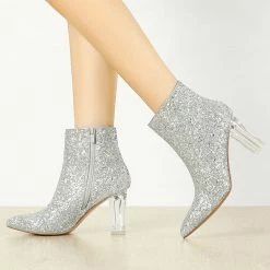 Allegra K Women's Clear Block Heel Glitter Ankle Boots Shoes
