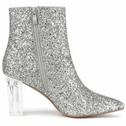 Allegra K Women's Clear Block Heel Glitter Ankle Boots Shoes