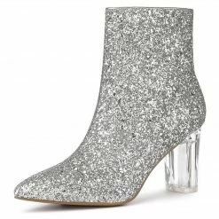 Allegra K Women's Clear Block Heel Glitter Ankle Boots Shoes