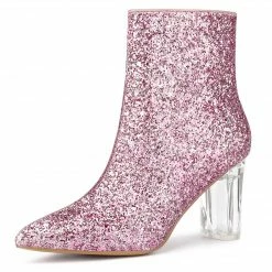 Allegra K Women's Clear Block Heel Glitter Ankle Boots Shoes